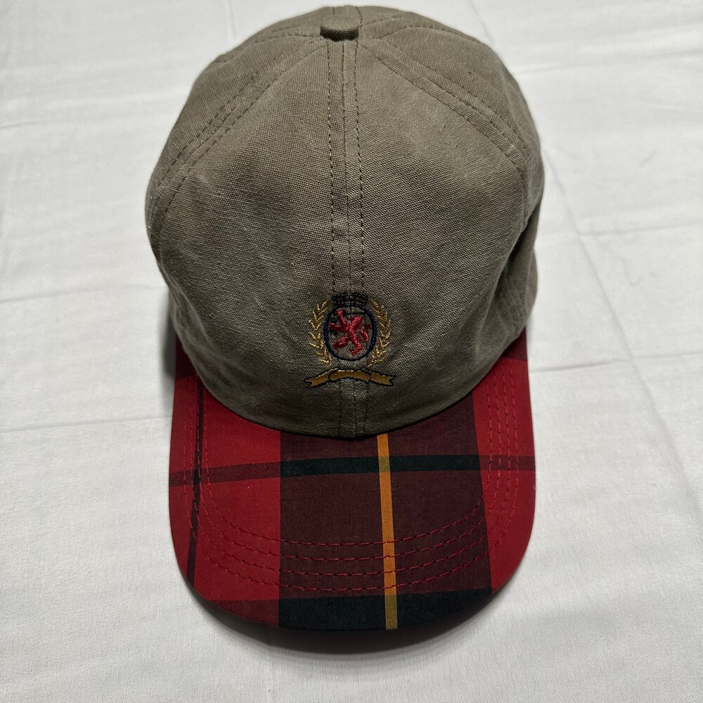Vintage 90s Tommy Hilfiger Hat USA Khaki Red Plaid Crest Adjustable Cap